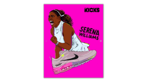 cartoon of serena williams pumping her fist with a nike sneaker in front of her
