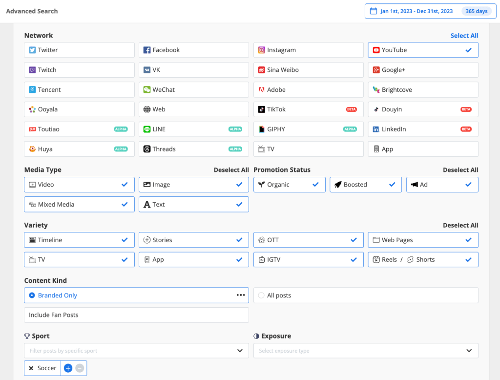 Blinkfire's Advanced Search tool that allows users to search through content with customized filters that include specific brands, networks, post type, sports, and more.