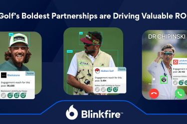 Promotional slide showing three rounded-card images of golfers with brand badges and engagement metrics, illustrating partnerships driving ROI for Blinkfire.