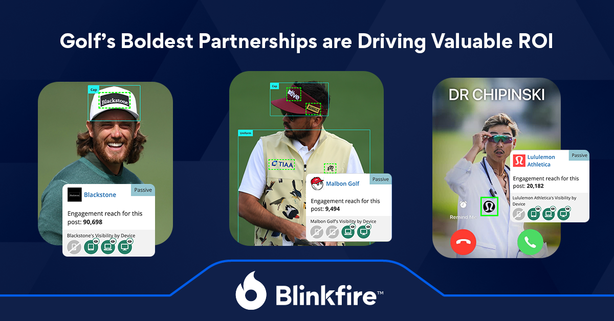 Promotional slide showing three rounded-card images of golfers with brand badges and engagement metrics, illustrating partnerships driving ROI for Blinkfire.