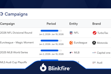 Dashboard screenshot showing the Campaigns table with four campaigns, their periods, entities, and brands, plus a Blinkfire footer logo.